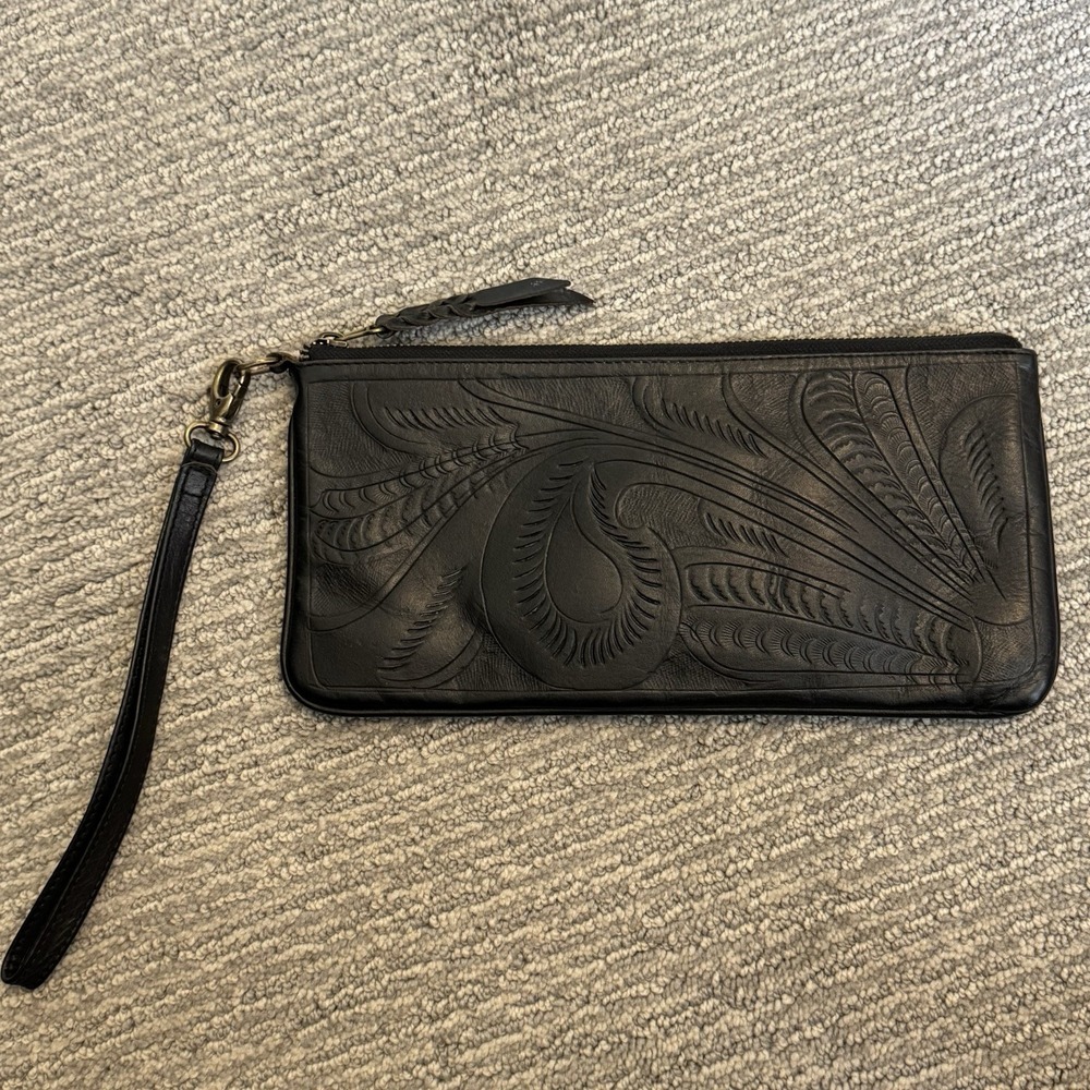 Leaders In Leather Wristlet Clutch Black Tooled Embossed Boho From Paraguay